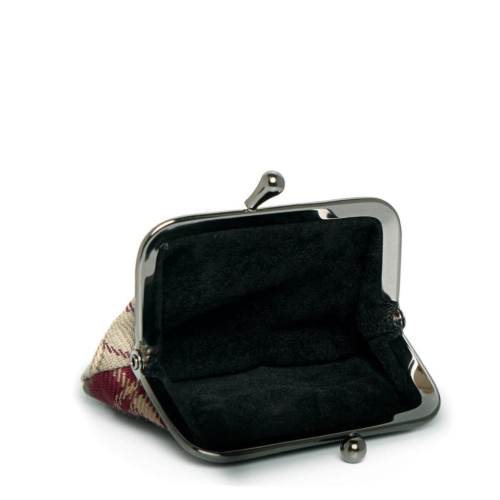 Open beige and burgundy plaid coin purse with a dark gray metal frame.
