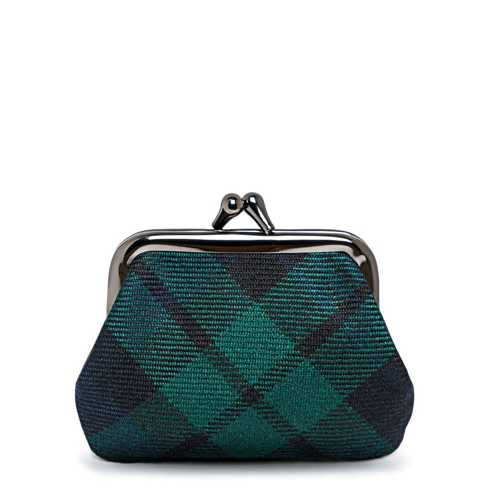 Dark teal and black plaid fabric coin purse with a gunmetal clasp.