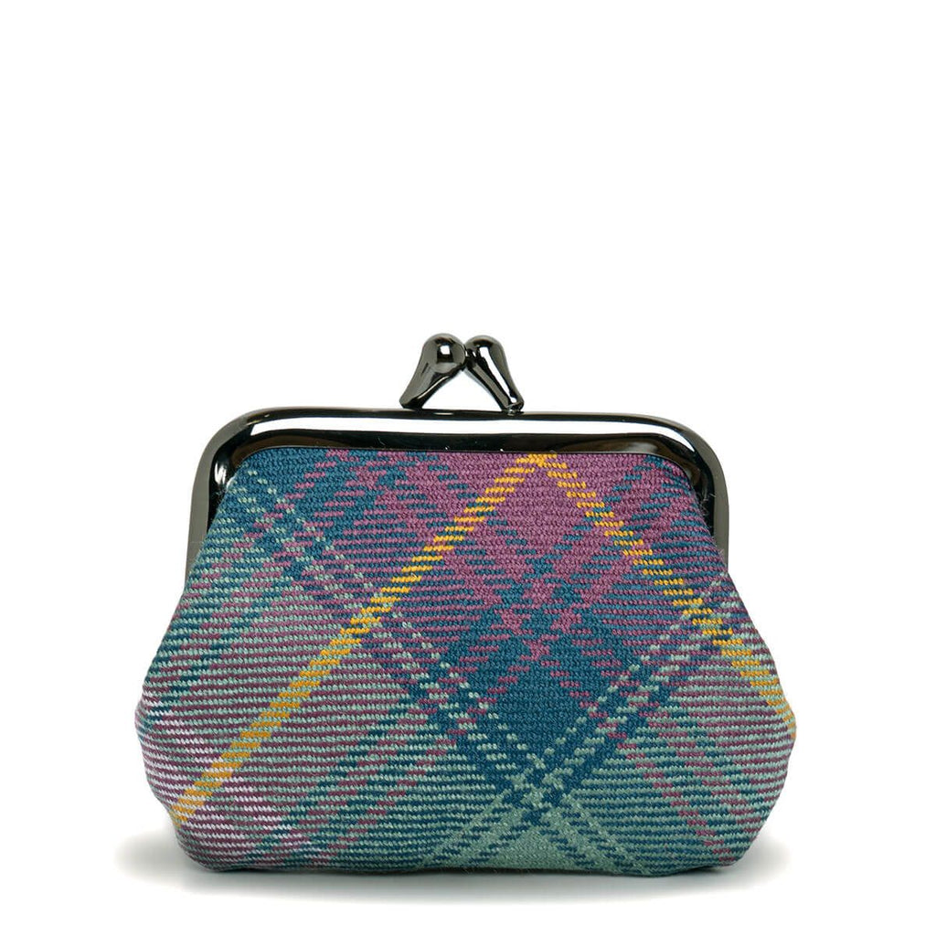 Purple, teal, and gold plaid coin purse with a dark metal frame.