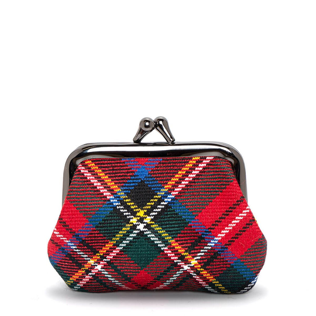Red tartan coin purse with a metallic frame.
