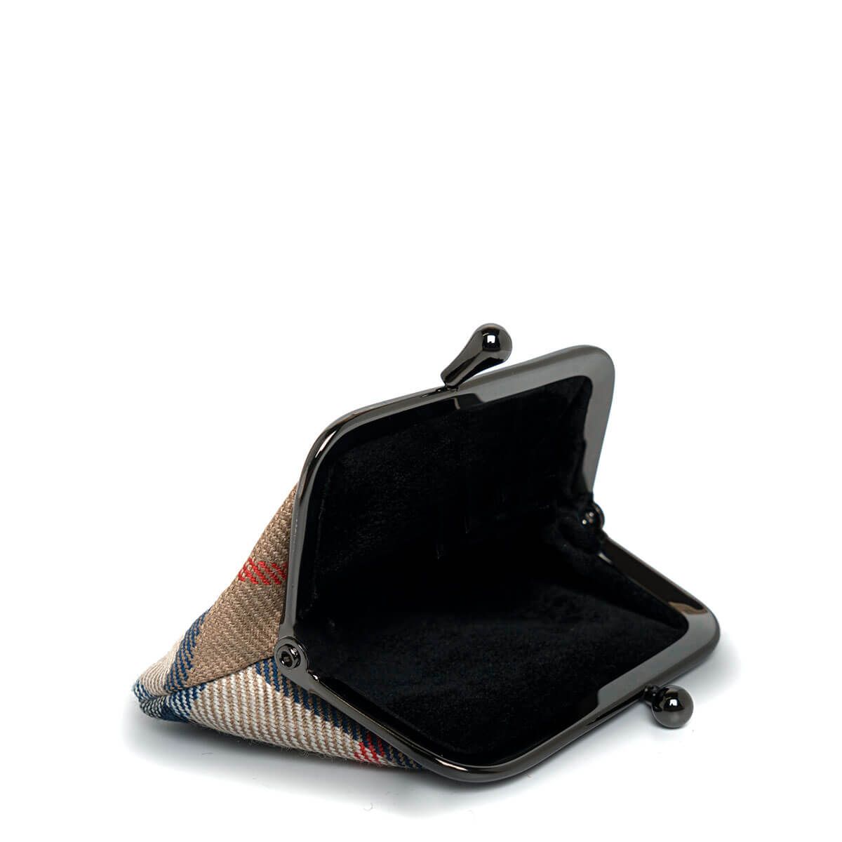 Open beige and navy plaid coin purse with dark metal frame.