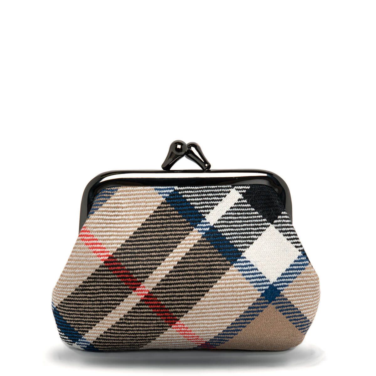 Beige, black, and blue plaid fabric coin purse with a black metal frame and clasp.