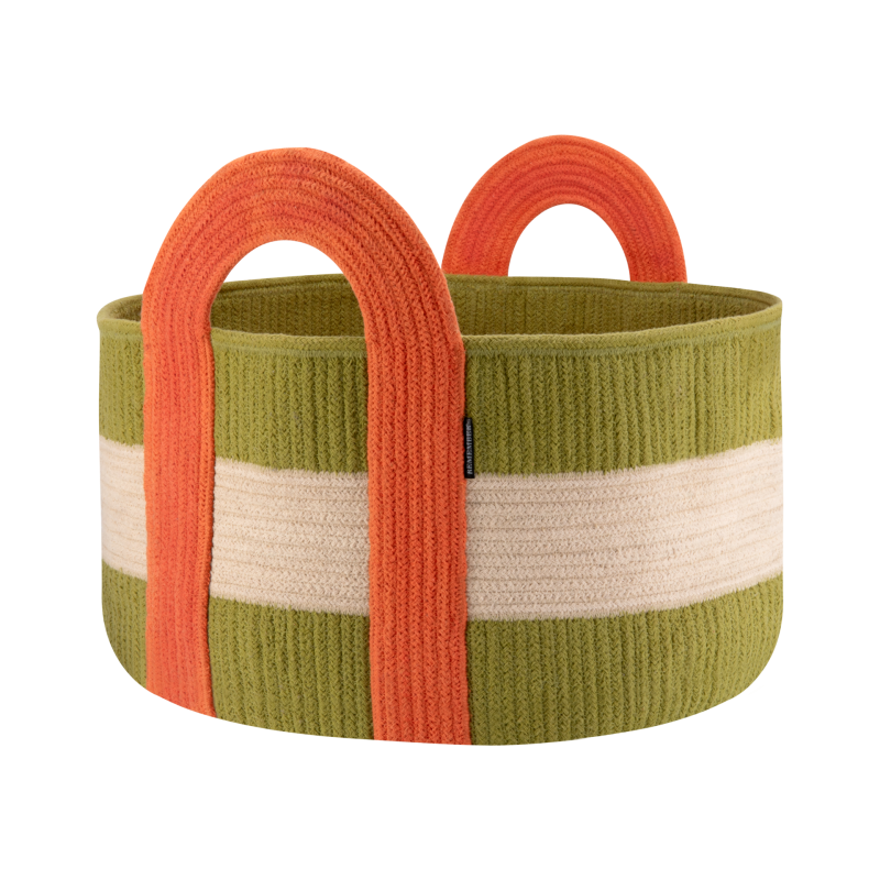 A round woven storage basket with olive green and cream horizontal stripes, featuring two thick, upright orange handles, shown on a plain white background.