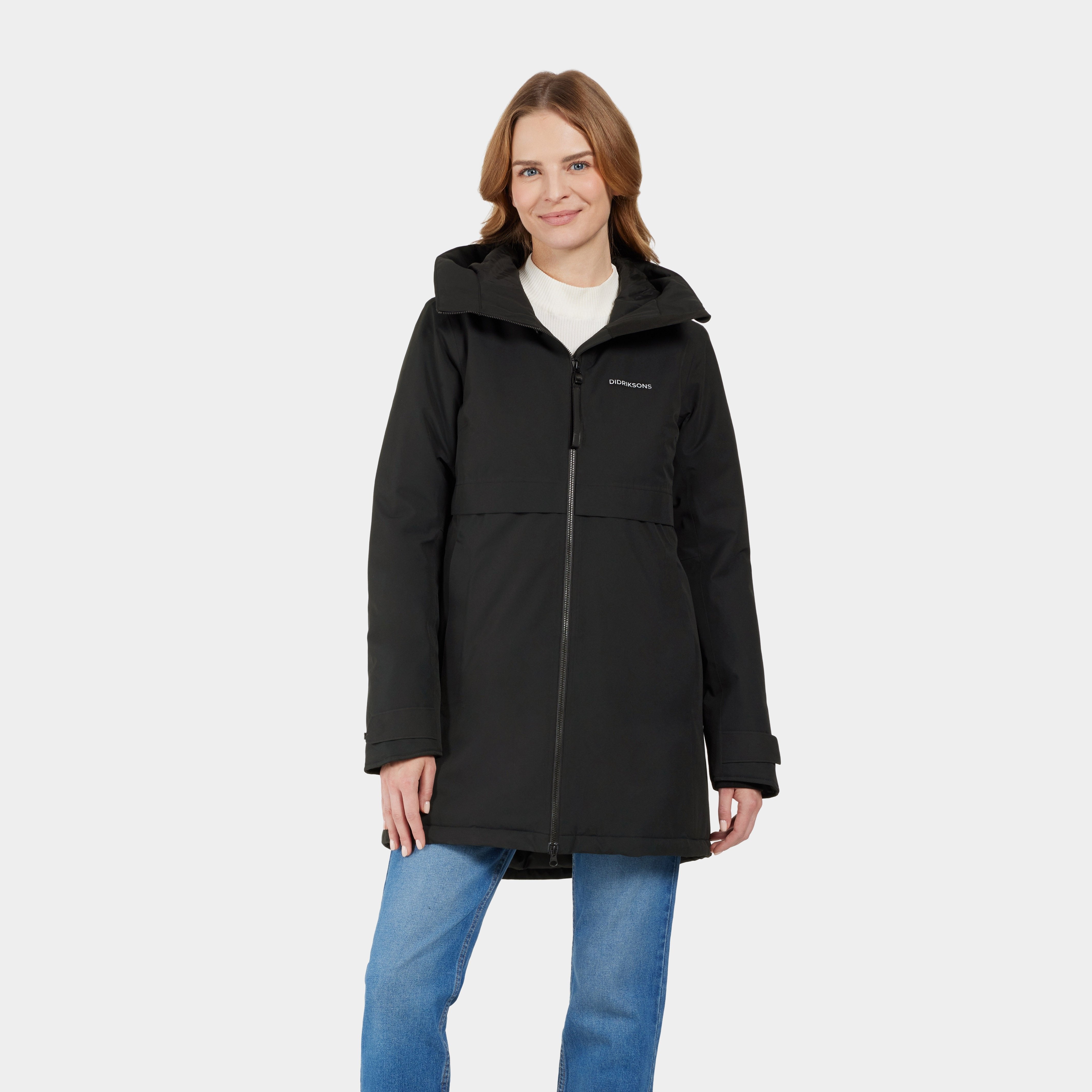 Black Didriksons hooded parka with a front zip and long sleeves.