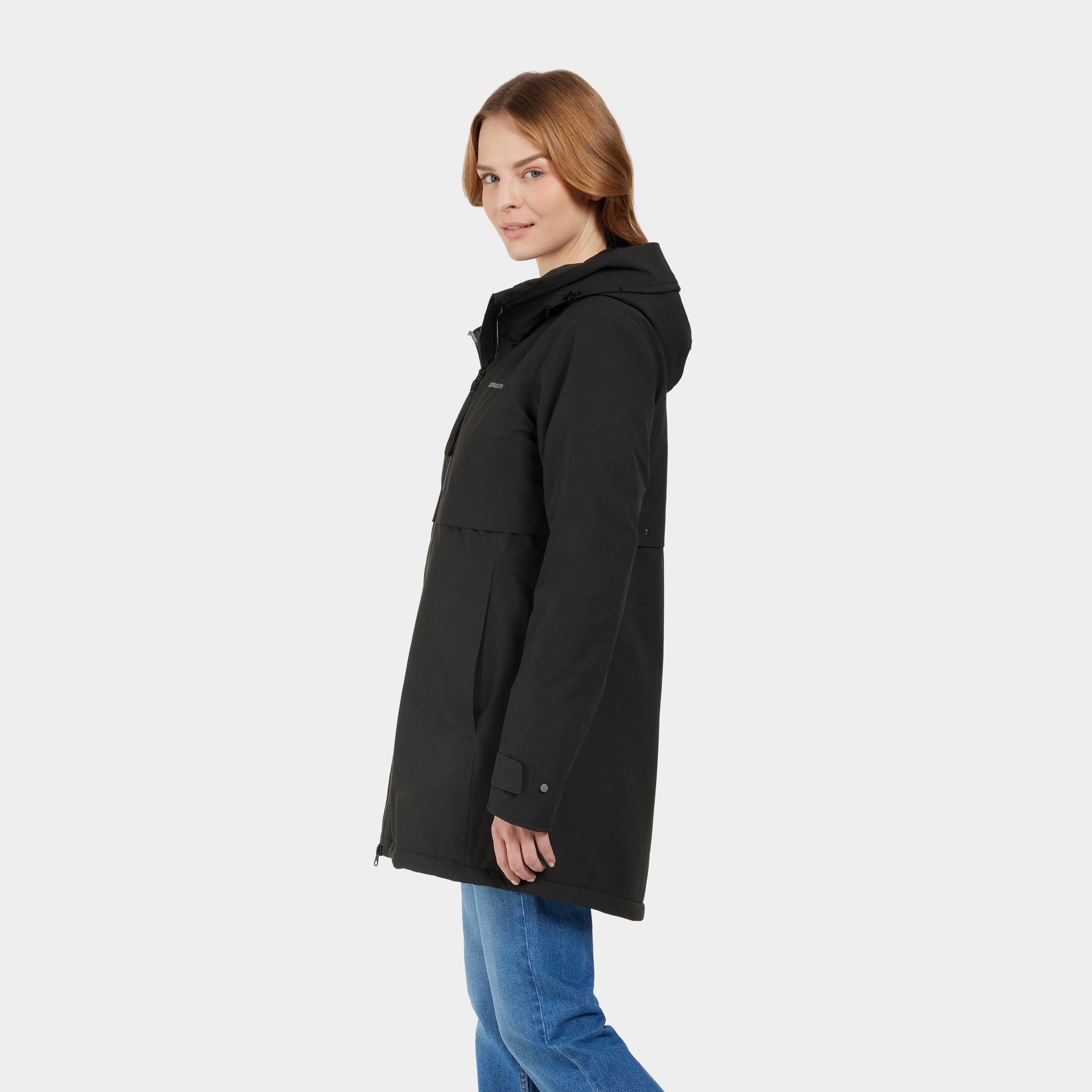 Black hooded mid-length parka with zipper closure, pockets, and subtle branding.