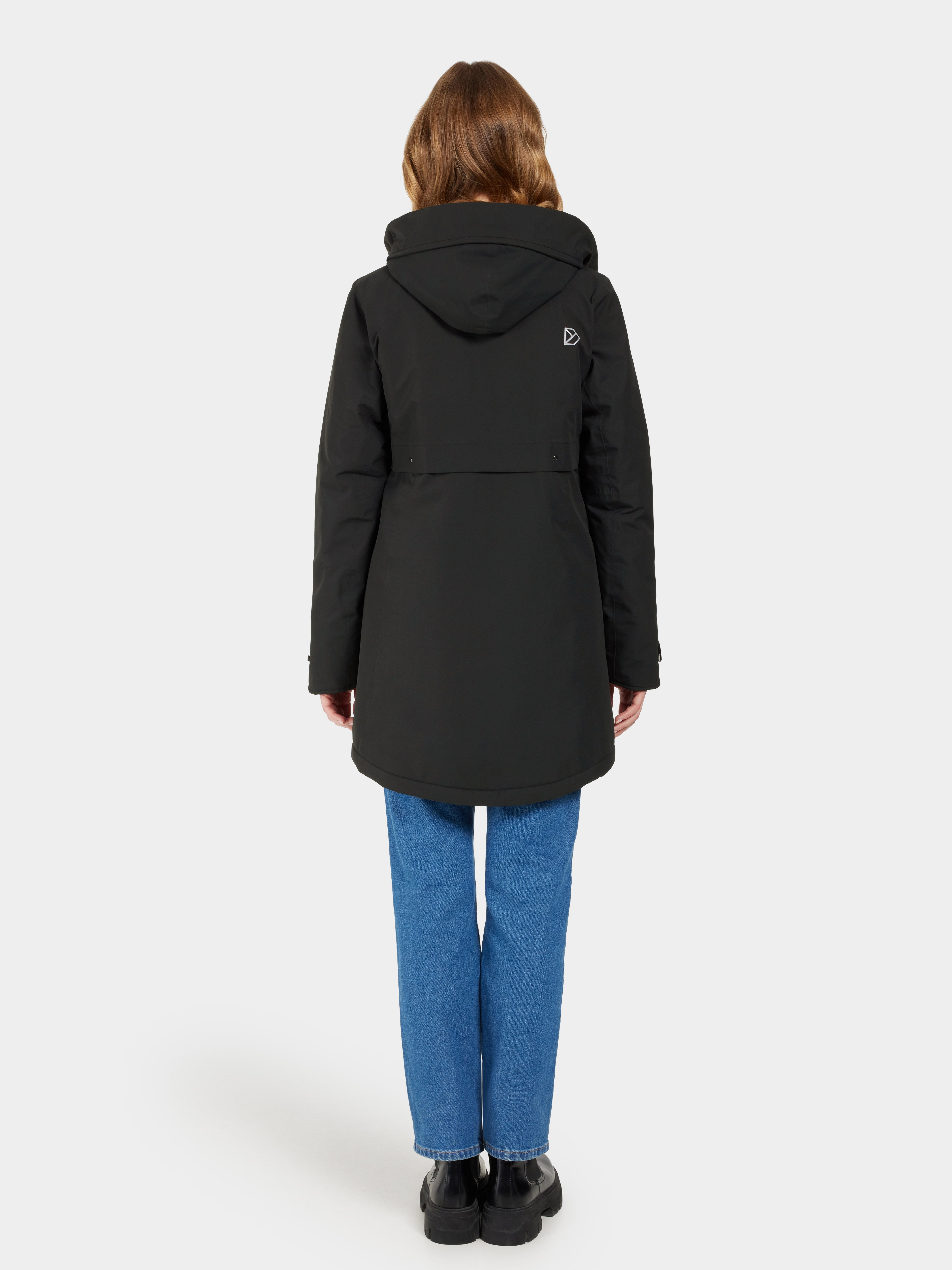 Black hooded parka with a mid-length design and a small logo on the back.