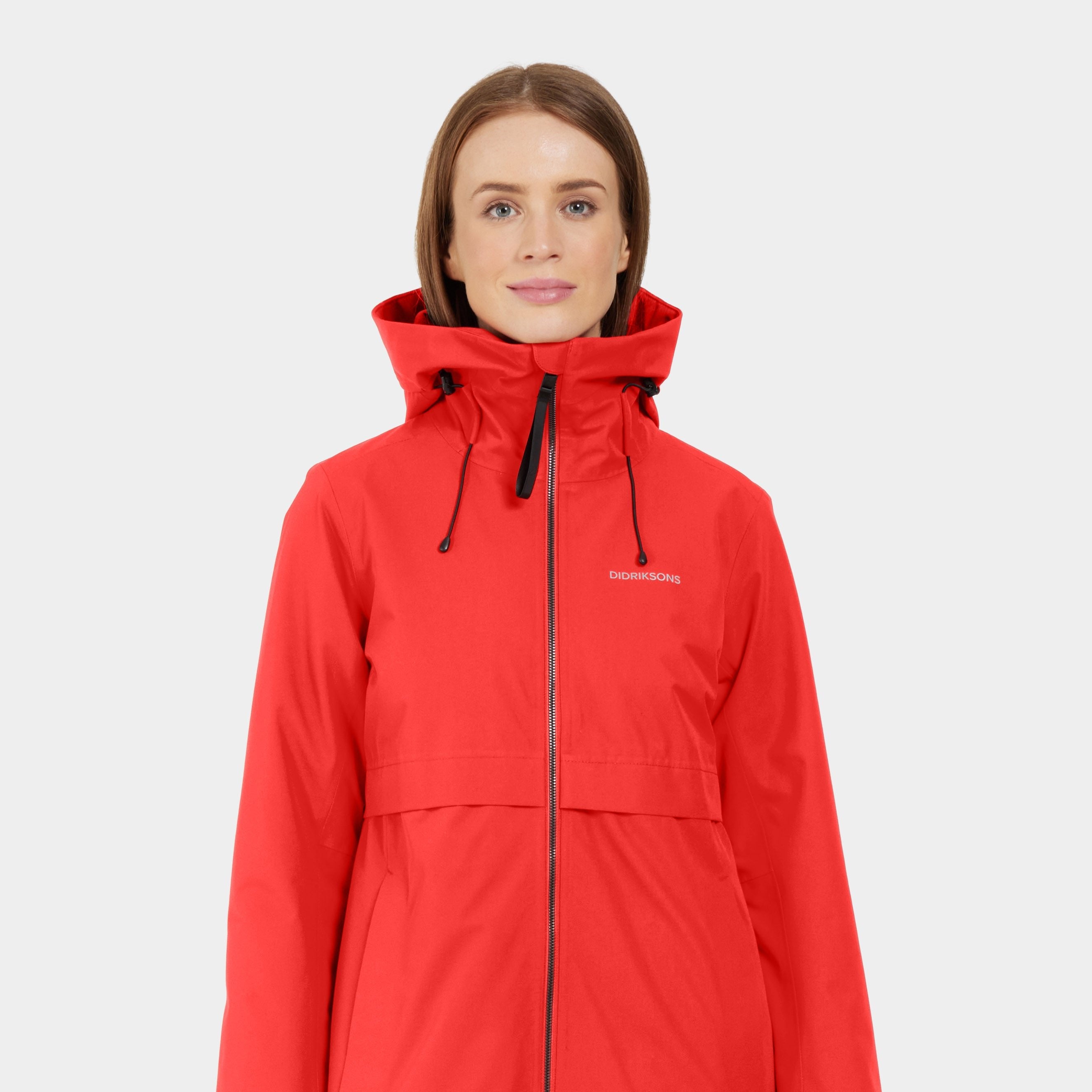 Red Didriksons hooded jacket with a front zipper and drawstring hood.