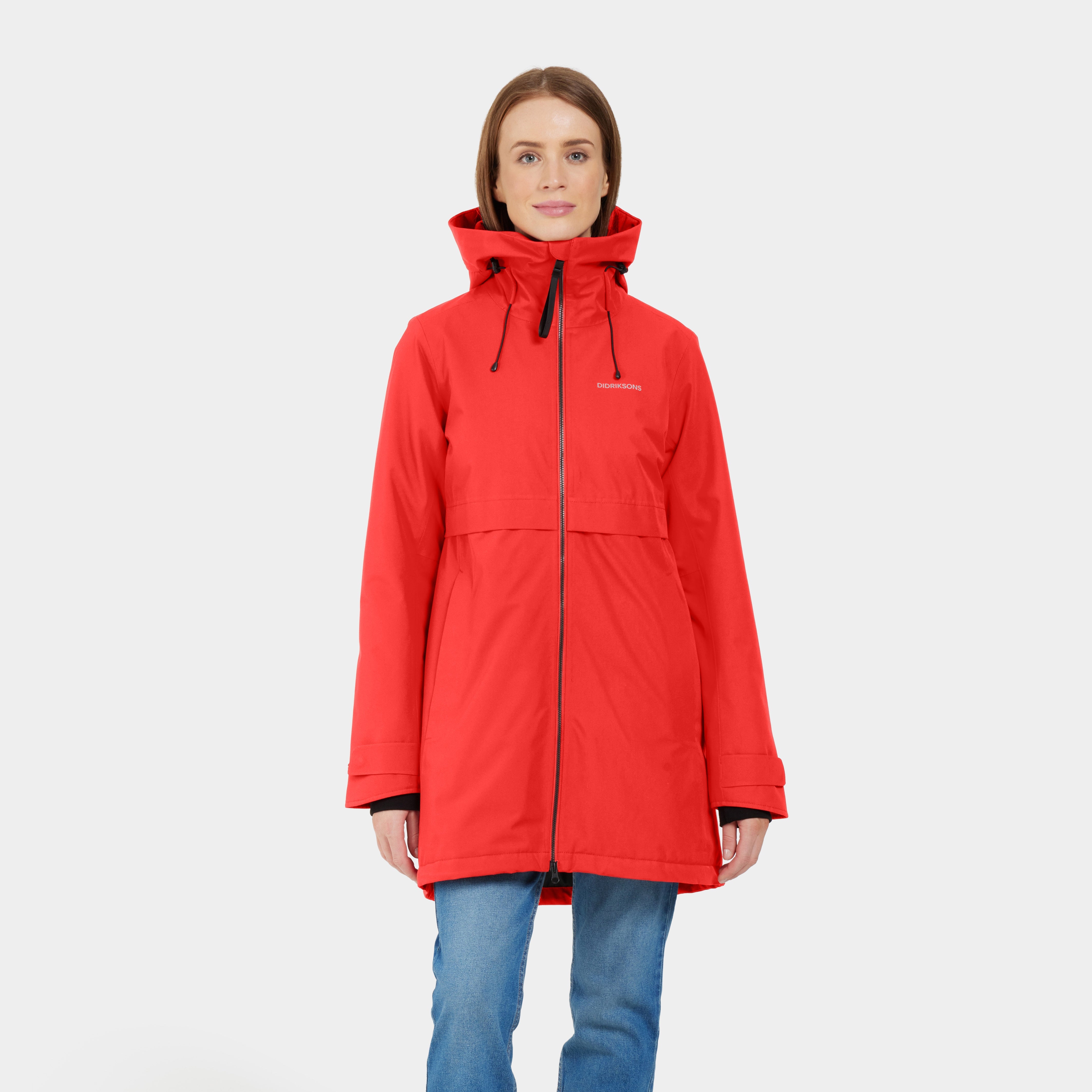 Red Didriksons parka with a zip-up front, a hood, and long sleeves.