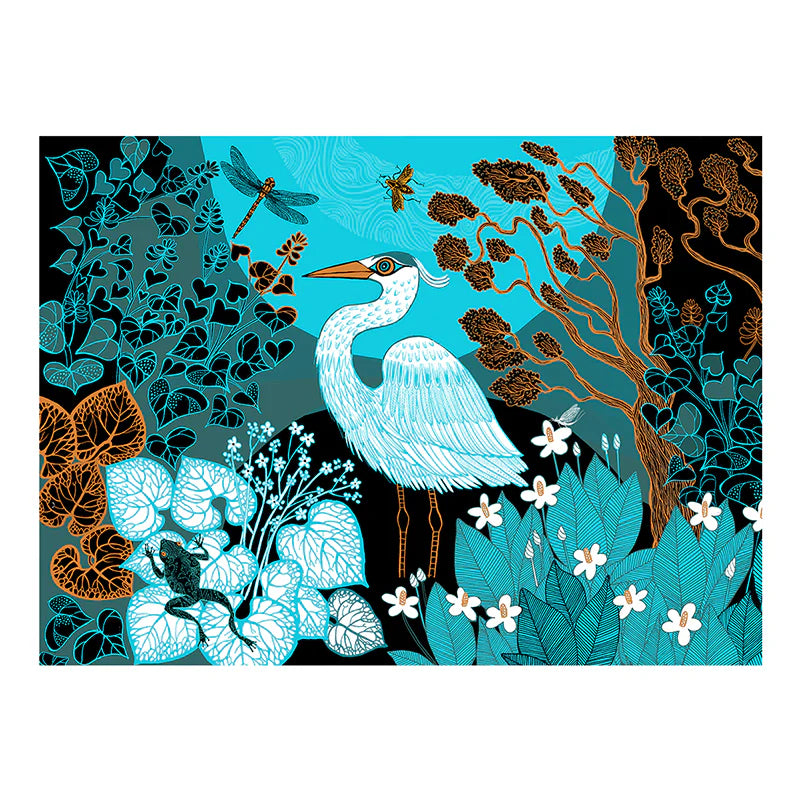 Stylized illustration of a great blue heron amidst teal and copper-toned foliage, dragonflies, and a frog.