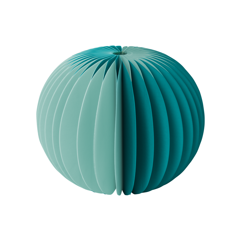 Teal paper lantern with pleated design on a white background
