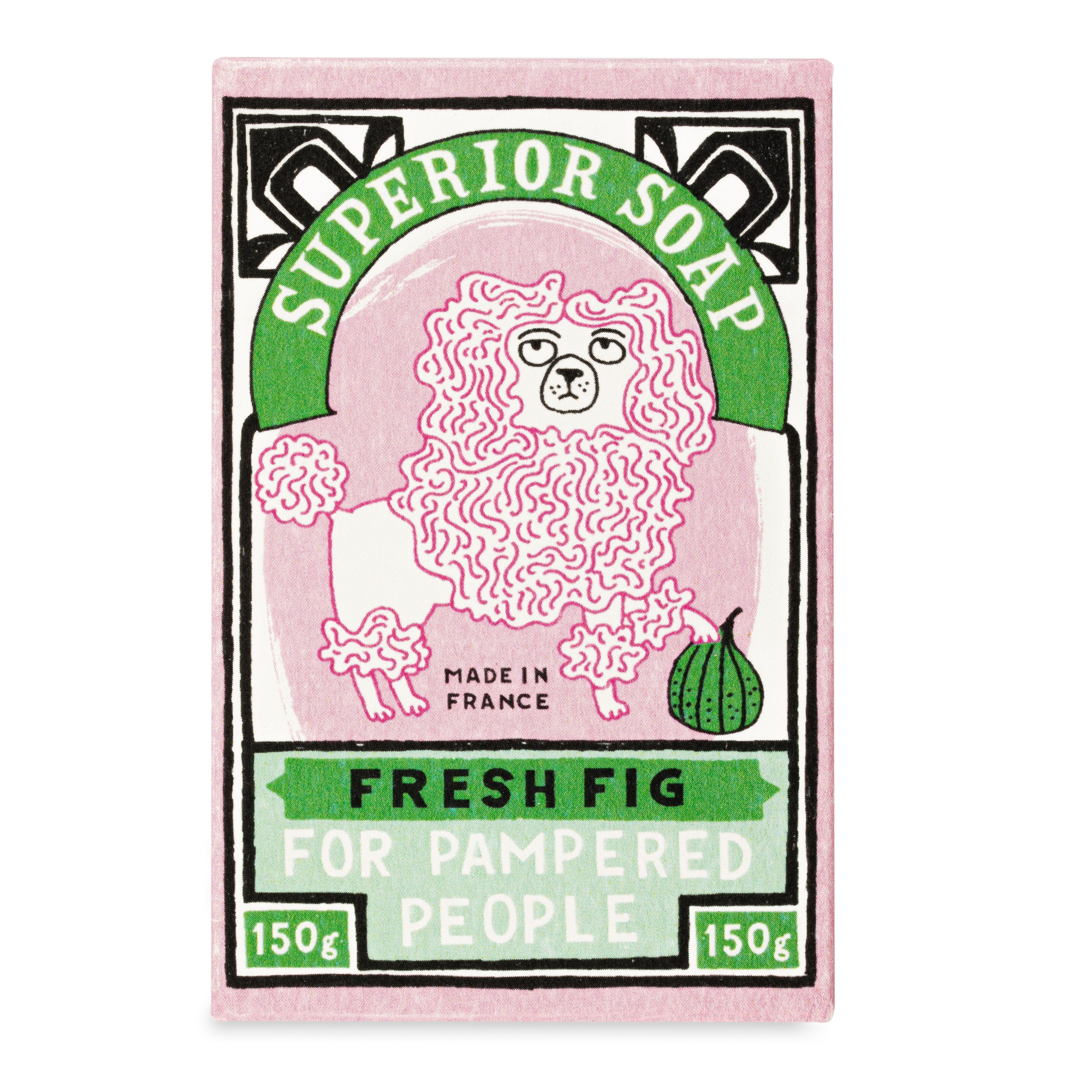 Superior Soap bar, 150g, Fresh Fig scent. Packaging features illustration of a poodle and fig. Made in France.