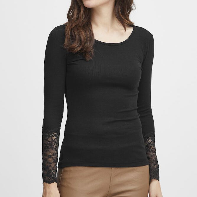 Black long-sleeve top with lace sleeves worn by a person on a white background