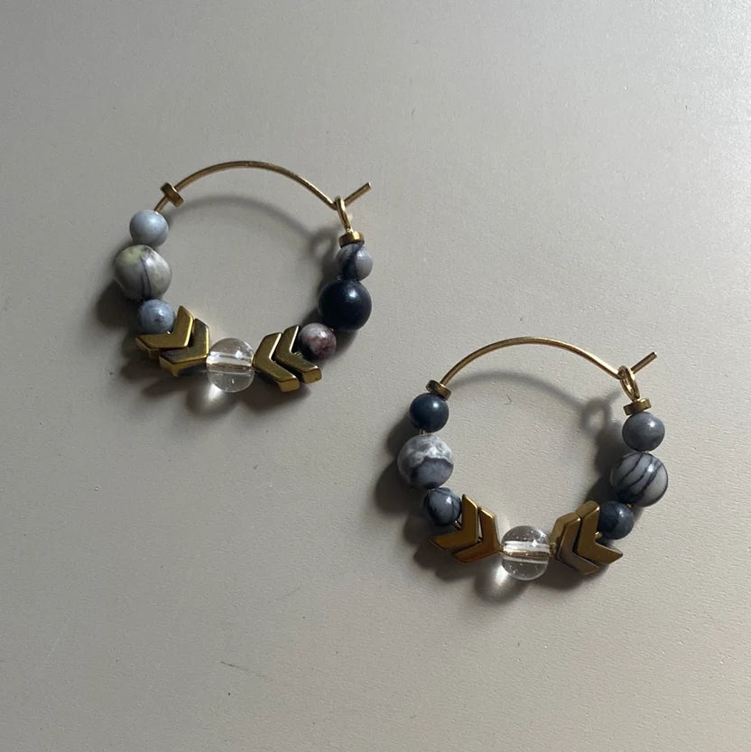 Hoop Earrings - Glass, Hematite and Natural Black Silk Stone