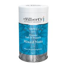 A cylindrical tin of Tilbert's Classic Salt & Pepper Mixed Nuts on a plain white background.