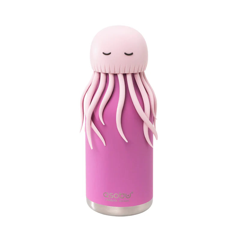 Pink octopus-shaped bottle with a white background