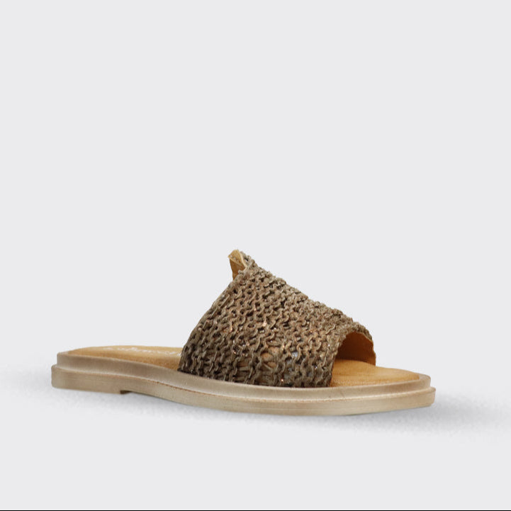 Gold woven slide sandal with a light beige sole.