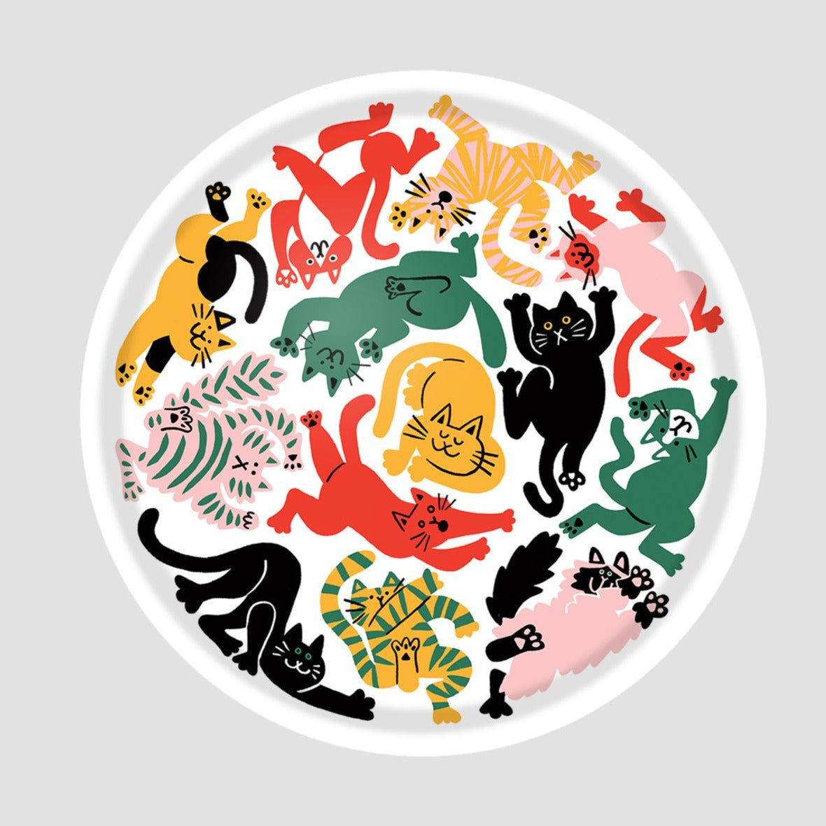 Round tray featuring a playful design of multicolored cats in various poses, arranged in a circular pattern.