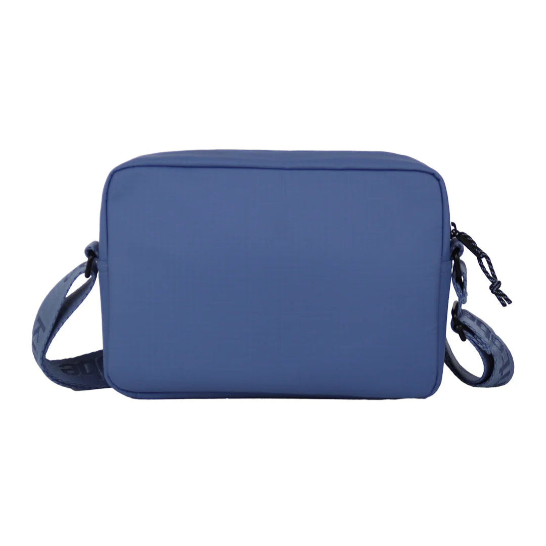 Blue rectangular crossbody bag with adjustable shoulder strap.