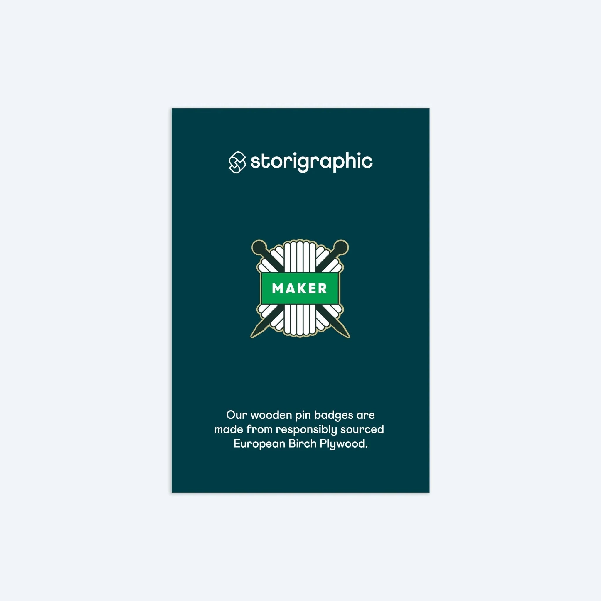 Storigraphic product packaging with a wooden pin badge design on a teal background