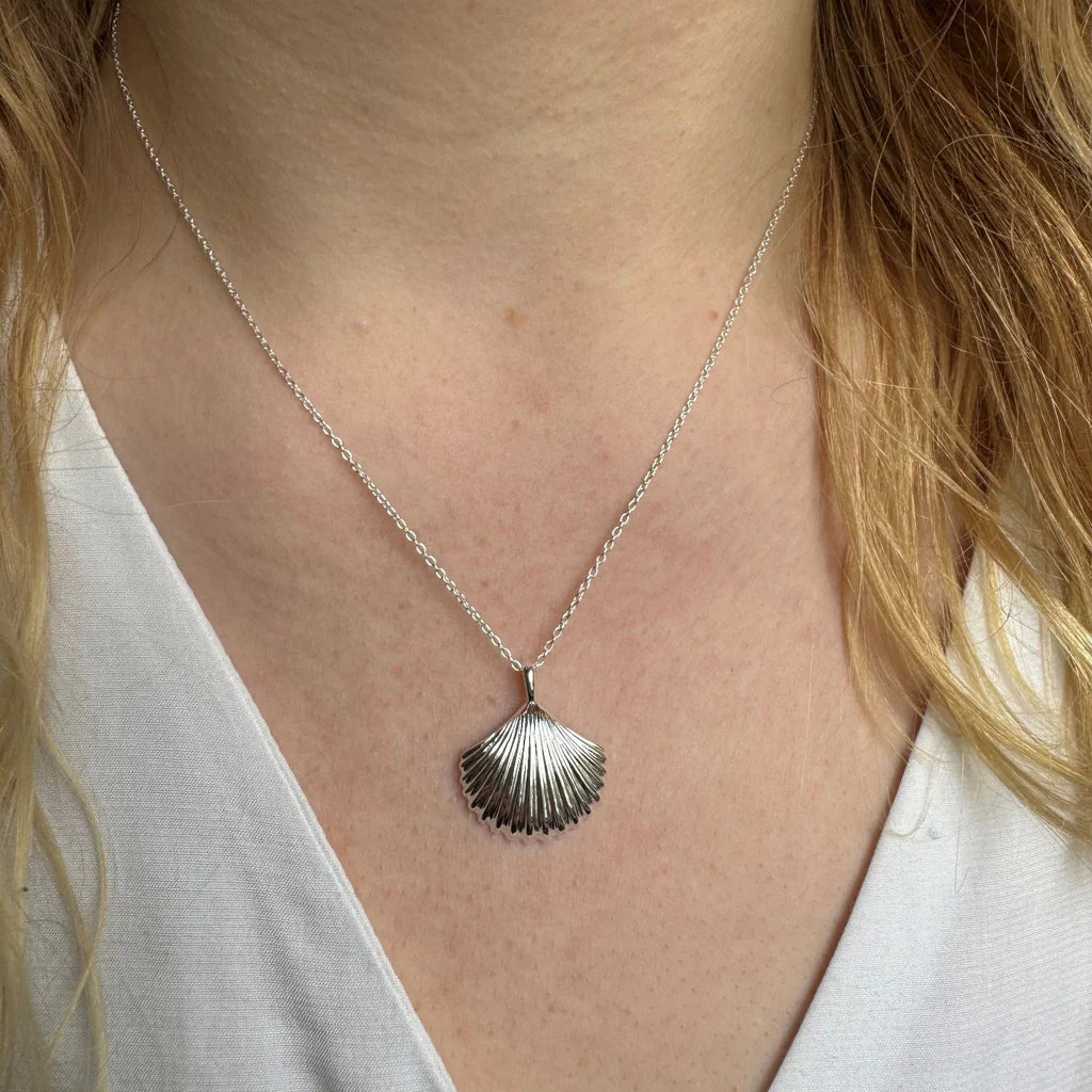 Silver shell pendant necklace on a delicate chain.