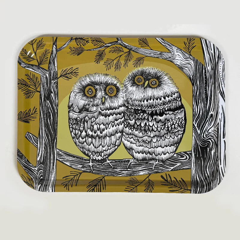 Decorative tray with owl design on a yellow background