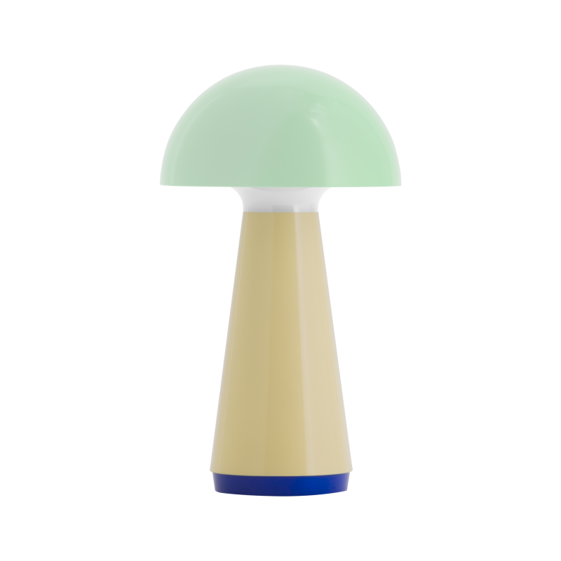 Table lamp with a green top, beige body, and blue base on a white background