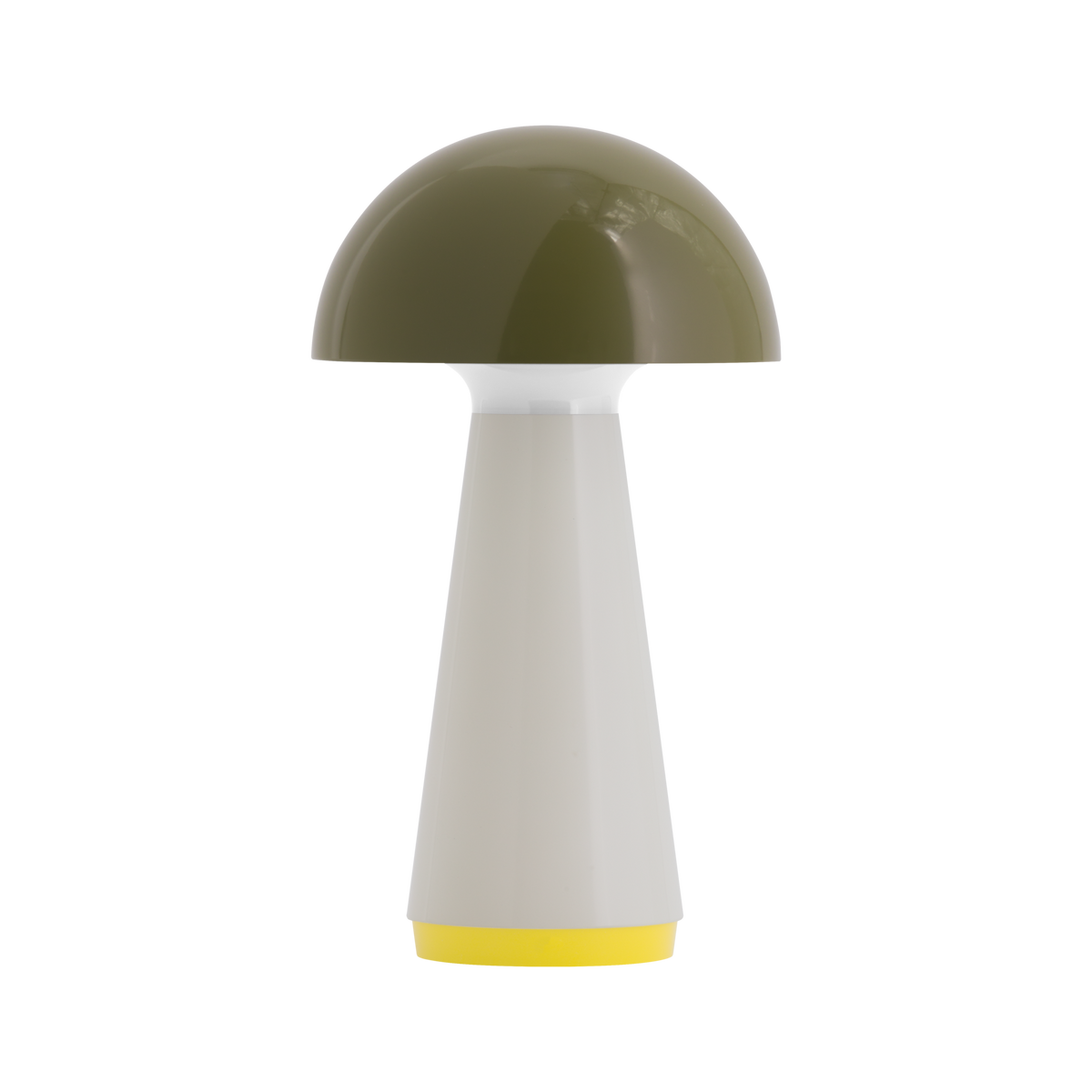 Mushroom-shaped lamp with green top, white middle, and yellow base on a white background