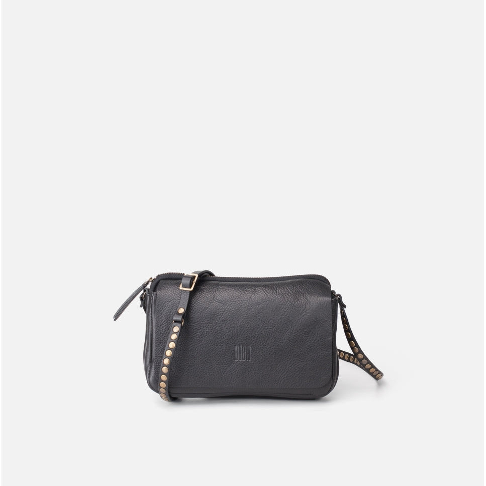 Black leather crossbody bag on a white background