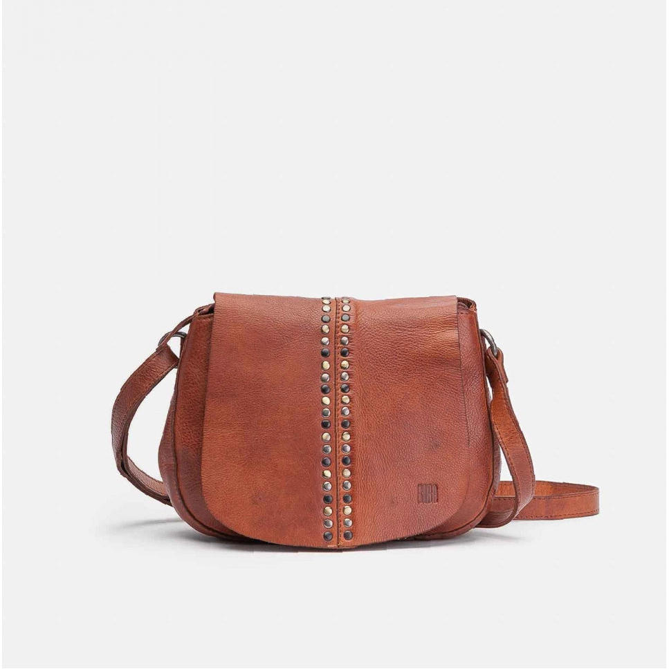 Brown leather bag with studded details on a white background