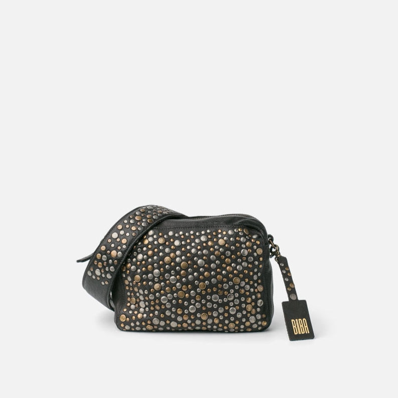 Studded handbag with a visible brand logo on a white background