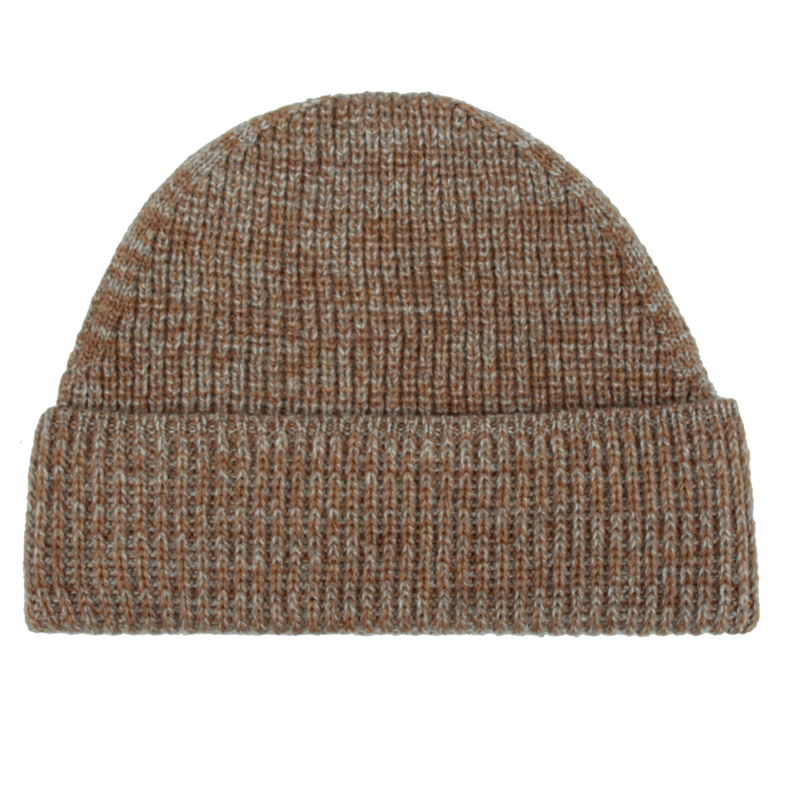 Brown and beige ribbed knit beanie.