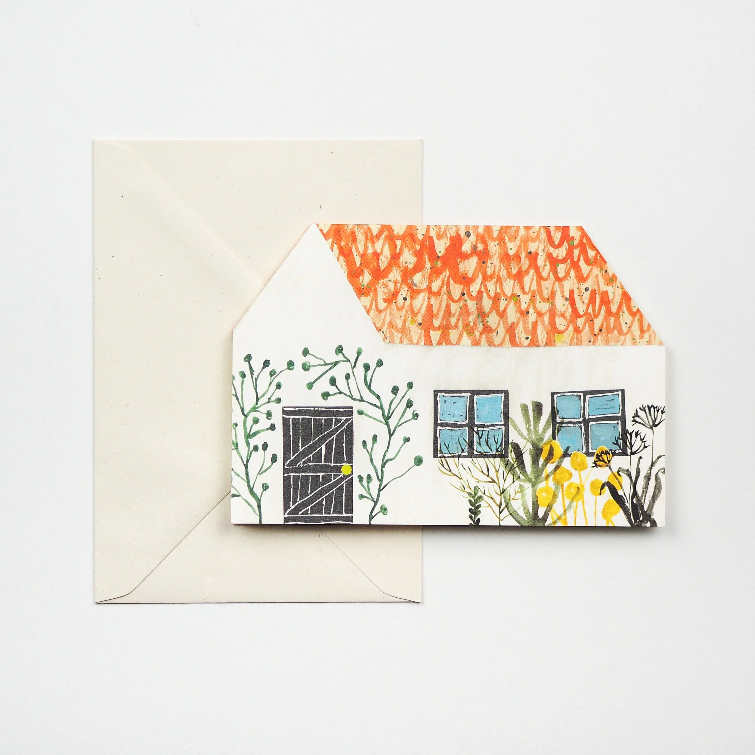 Hand-painted illustration of a house with an orange roof, black door, blue windows, and green plants.