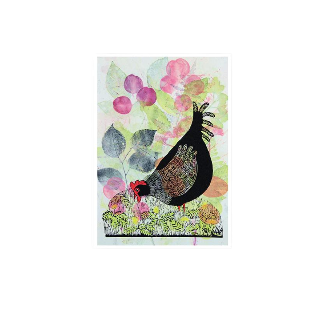 Stylized illustration of a black hen pecking at the ground amidst stylized foliage and berries.