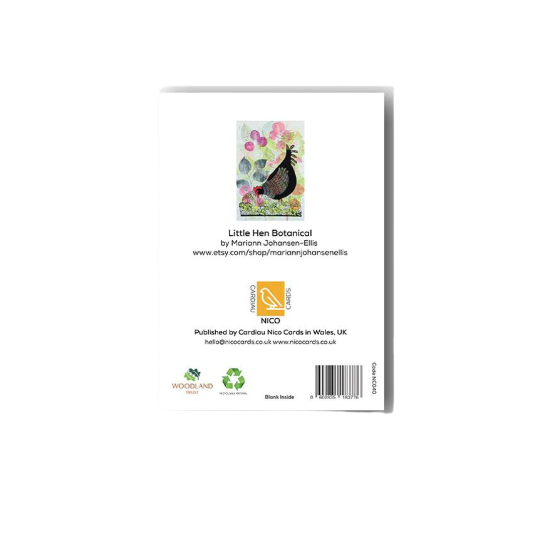 Greeting card featuring a watercolor illustration of a hen amidst botanical elements.