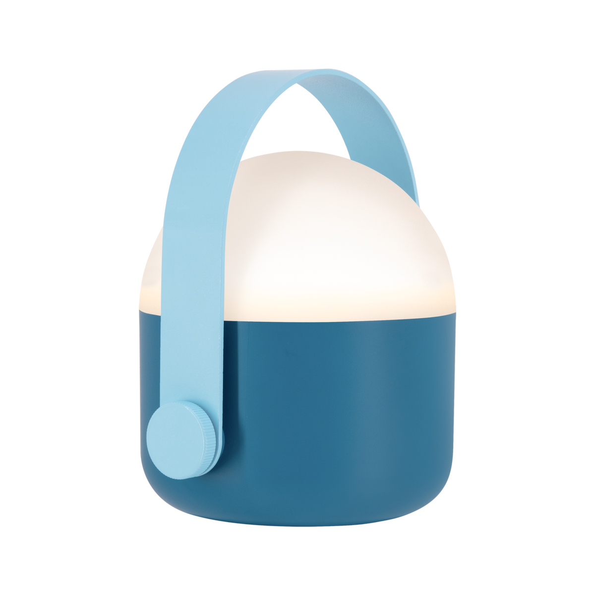 Blue and white portable lamp with a handle on a white background