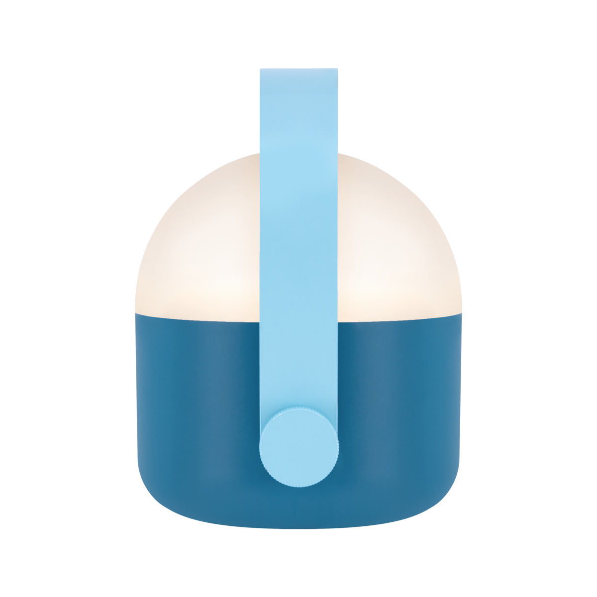 Blue and white container with a handle on a white background