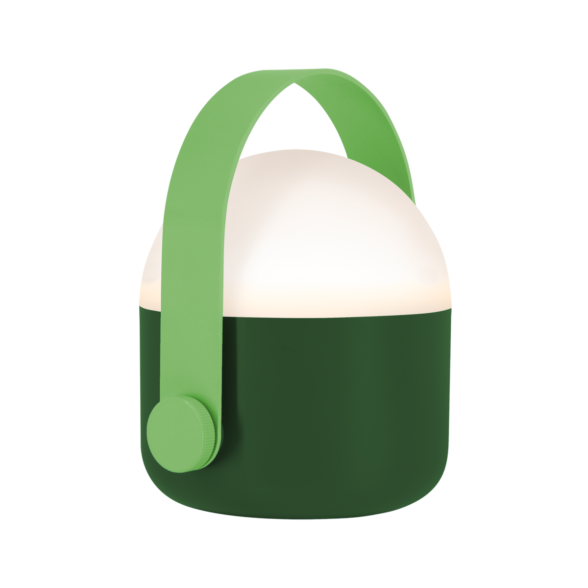 Green and white portable lamp with a handle on a white background