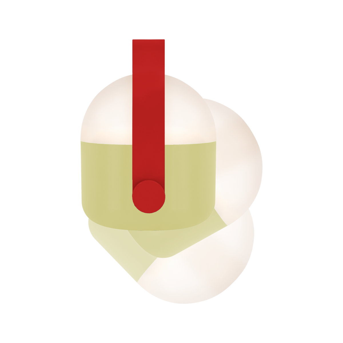 Round white object with a red handle on a white background