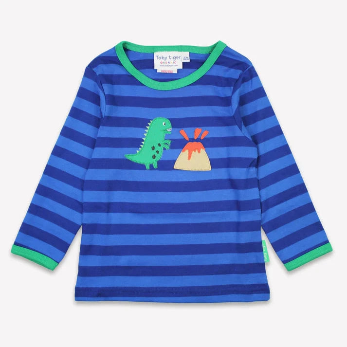 Organic Applique Long-Sleeved T-Shirt - Blue Tonal Dinosaur