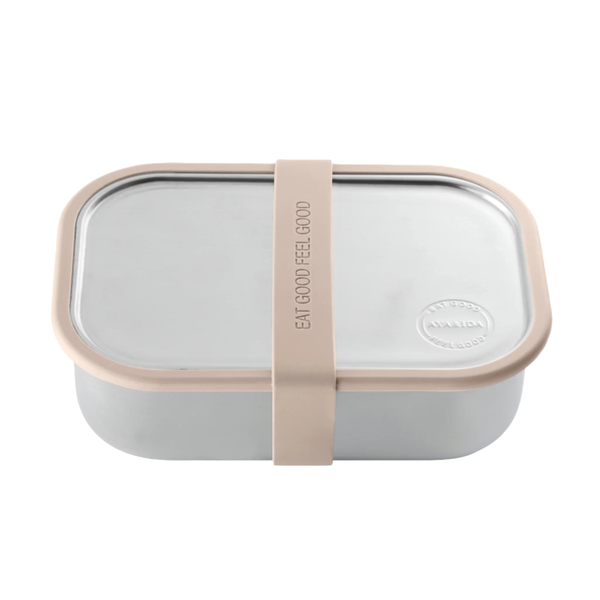 Rectangular stainless steel lunchbox with a light beige silicone seal and carrying strap.