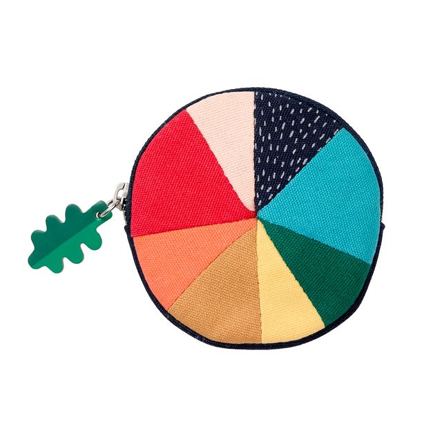 Round colorful pouch with a leaf-shaped zipper pull on a white background