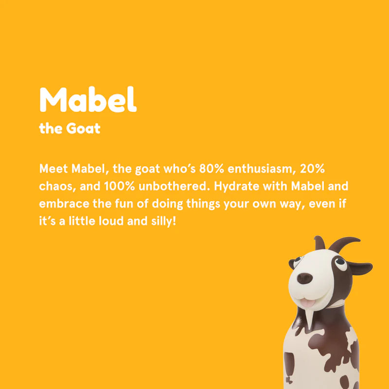 Character Mabel the Goat on a yellow background with text about her personality and actions.