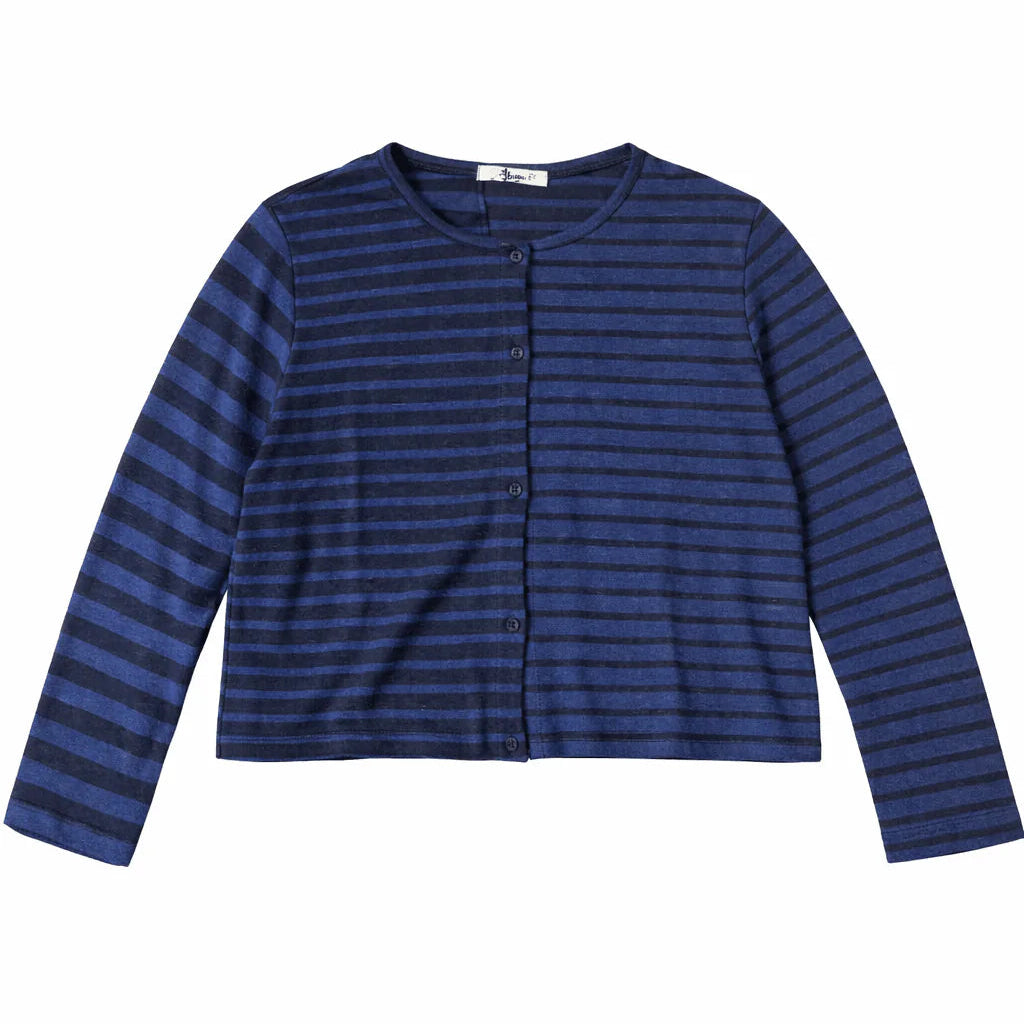 Blue striped long-sleeve top on a white background
