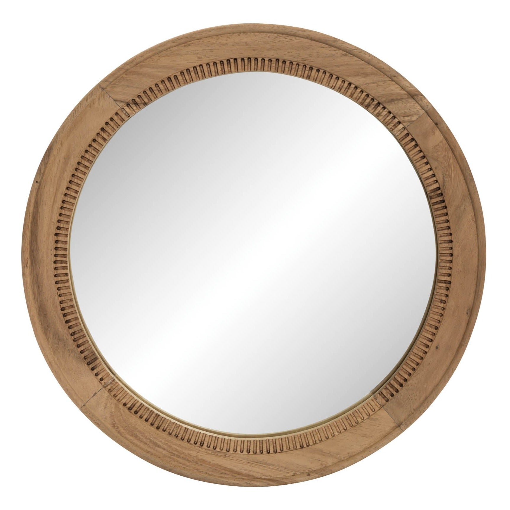 Round mirror with a light brown wooden frame featuring an ornate, textured border.
