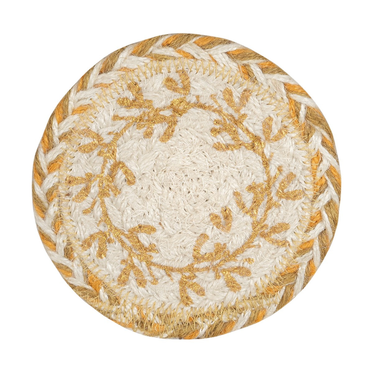 Round coaster with off-white woven center and gold leaf design, bordered by tan and beige rope trim.