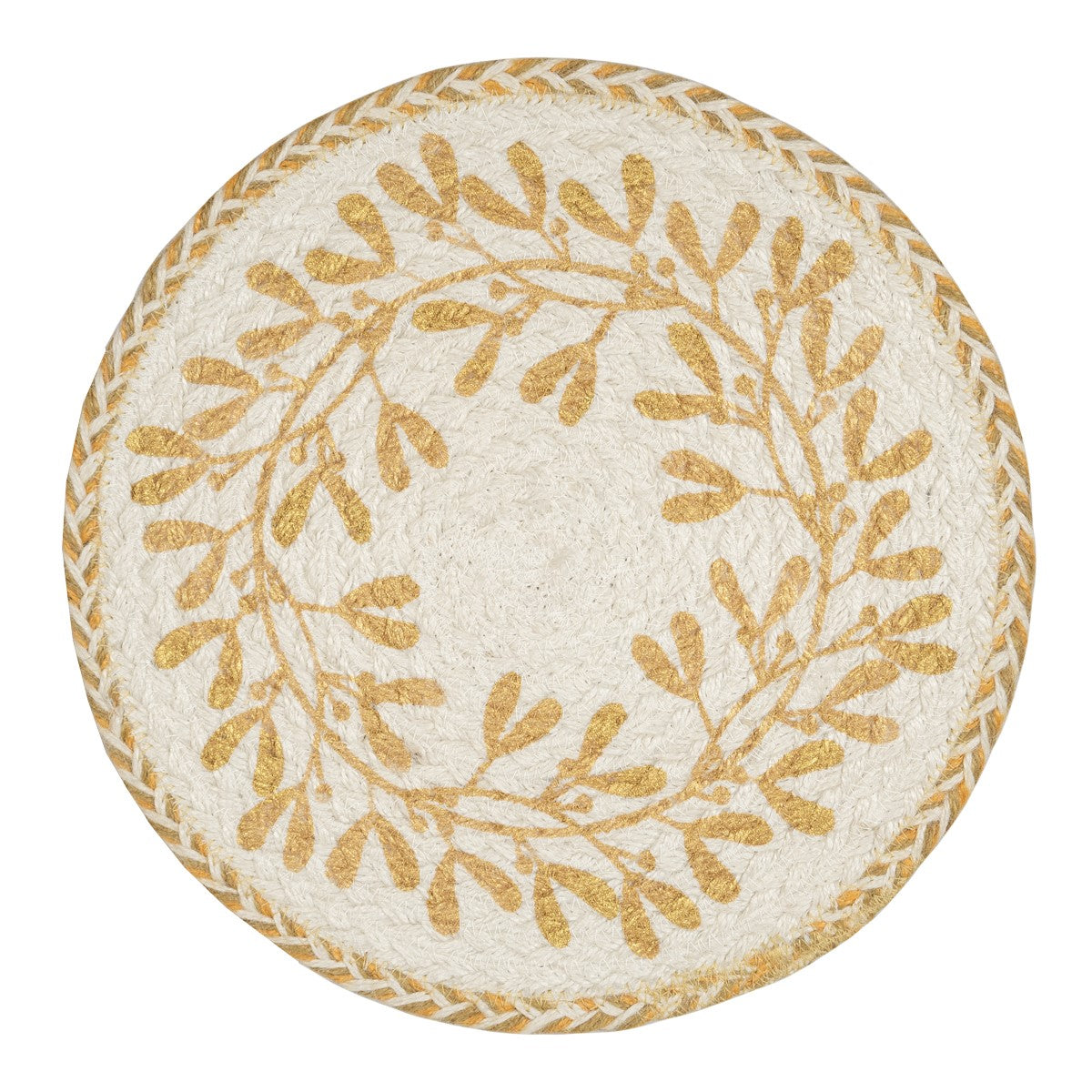 Round jute placemat with gold leaf-pattern border.