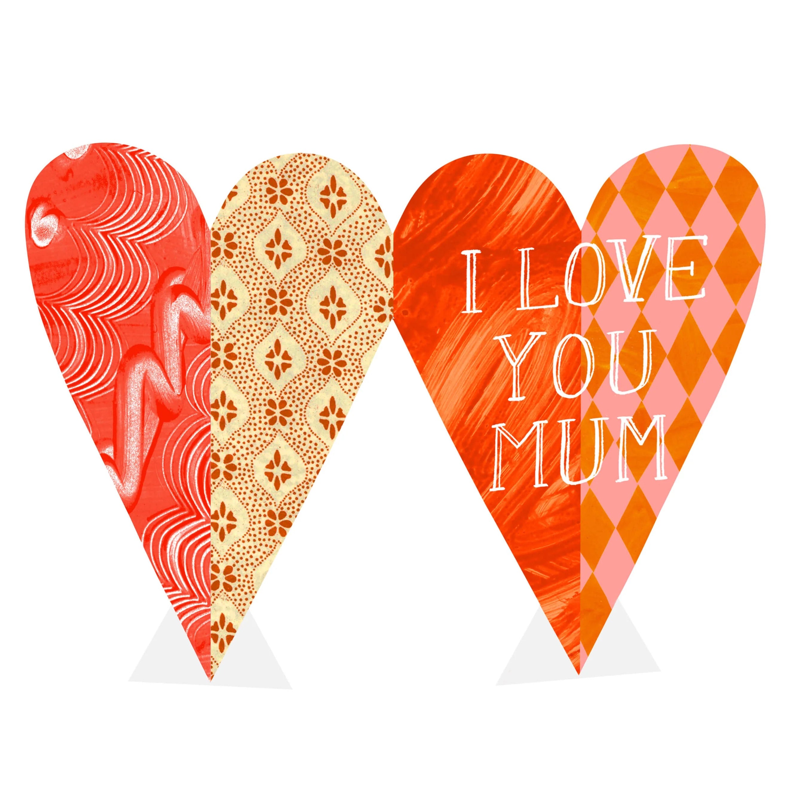 Three orange and pink patterned heart-shaped cards.  The center card says "I LOVE YOU MUM" in white lettering.