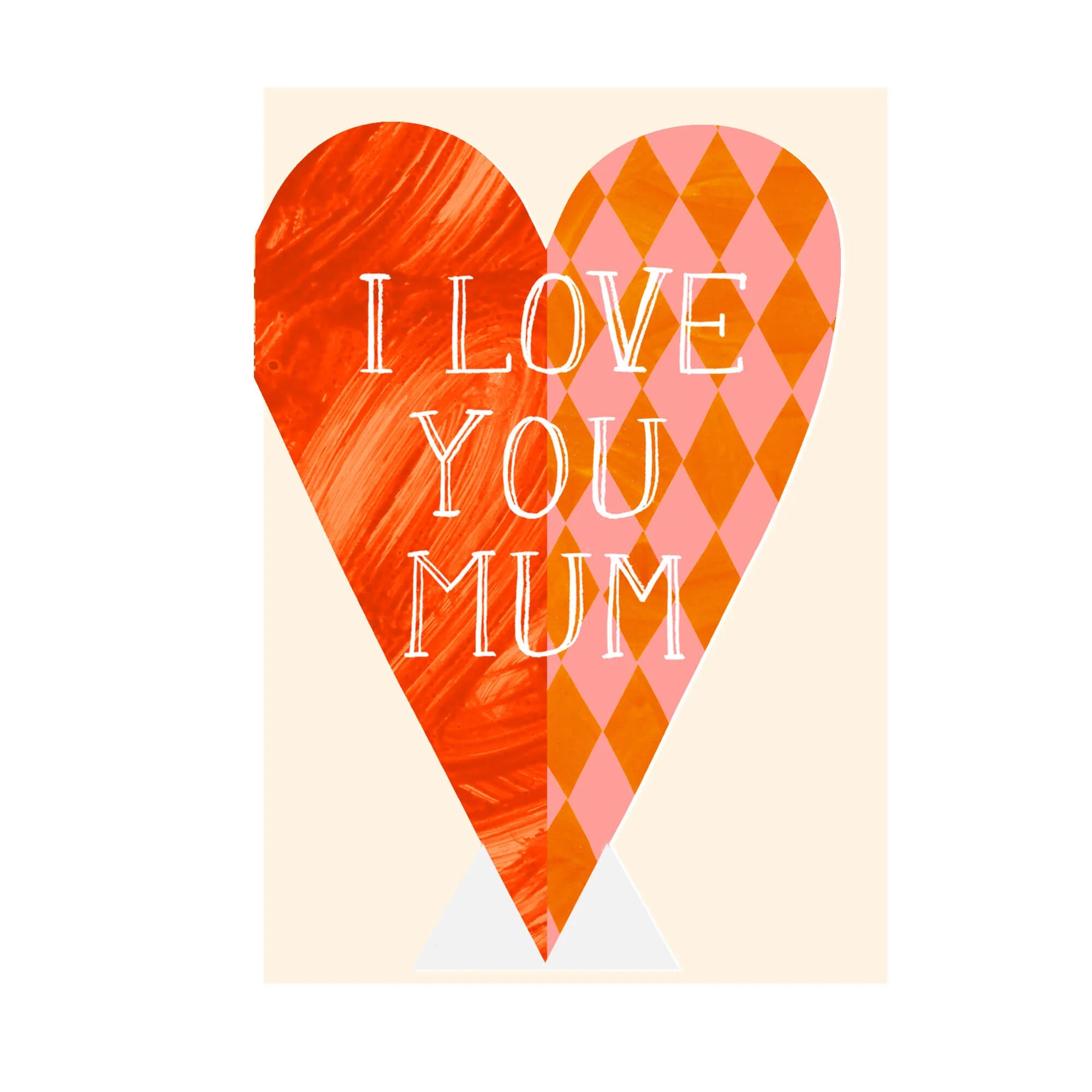 Heart-shaped Mother's Day card with orange and pink painted textures and a harlequin pattern.