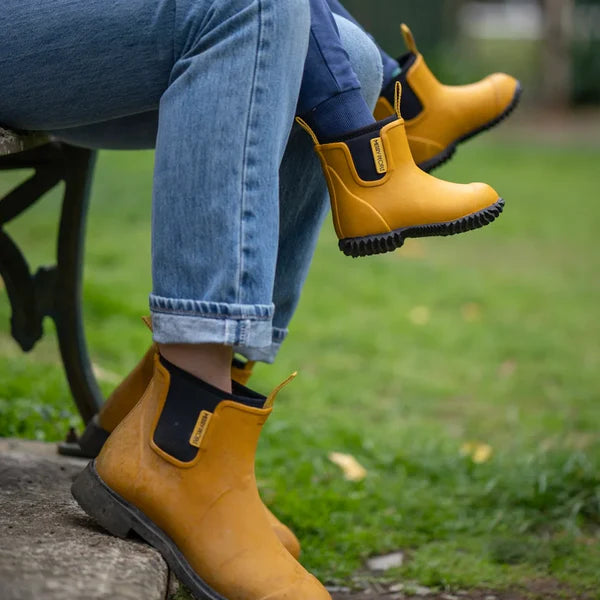 Mustard-yellow rubber ankle boots with black trim and lug soles.