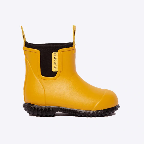 Mustard-yellow children's rain boot with black sole and pull tabs.  "Merry People" logo on the side.